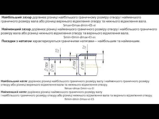 Найбільший зазор дорівнює різниці найбільшого граничному розміру отвору і найменшого граничного розміру