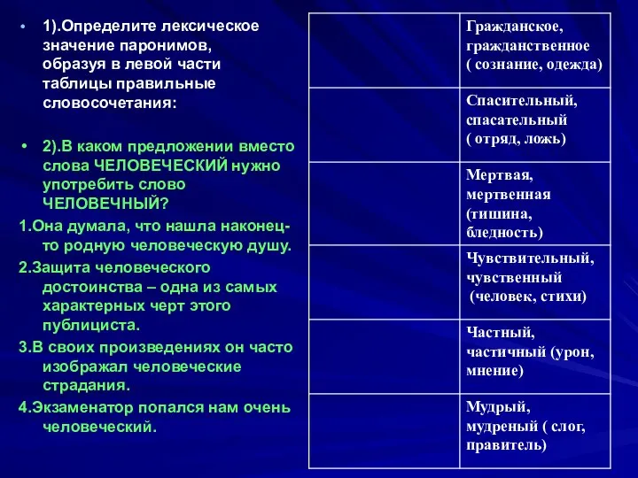 1).Определите лексическое значение паронимов, образуя в левой части таблицы правильные словосочетания: 2).В