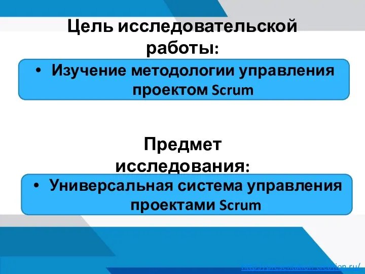 Цель исследовательской работы: Предмет исследования: Изучение методологии управления проектом Scrum Универсальная система управления проектами Scrum