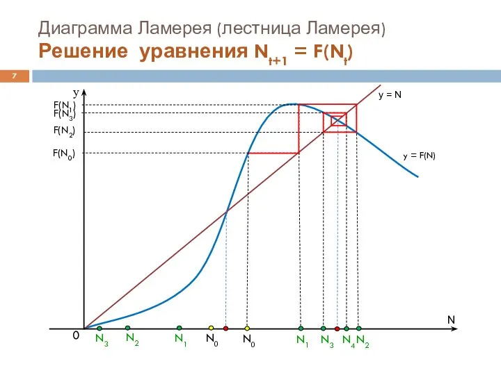 N0 Диаграмма Ламерея (лестница Ламерея) Решение уравнения Nt+1 = F(Nt) y =