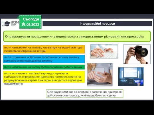 11.09.2022 Сьогодні Опрацьовувати повідомлення людина може з використанням різноманітних пристроїв: Інформаційні процеси