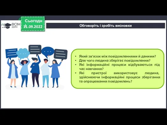 11.09.2022 Сьогодні Який зв’язок між повідомленнями й даними? Для чого людина зберігає