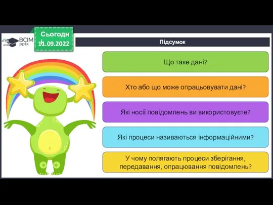 Підсумок 11.09.2022 Сьогодні Що таке дані? Хто або що може опрацьовувати дані?