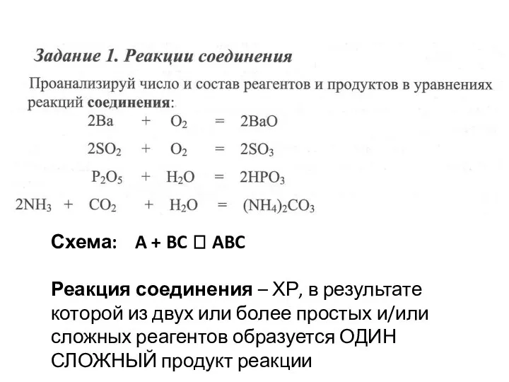 Схема: A + BC ? ABC Реакция соединения – ХР, в результате