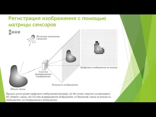 Регистрация изображения с помощью матрицы сенсоров Процесс регистрации цифрового изображения (пример). (а)