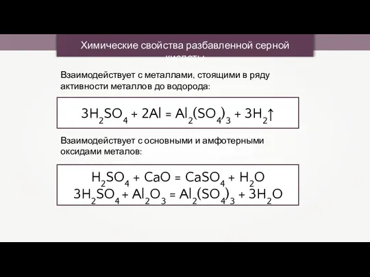 Химические свойства разбавленной серной кислоты 3H2SO4 + 2Al = Al2(SO4)3 + 3H2↑