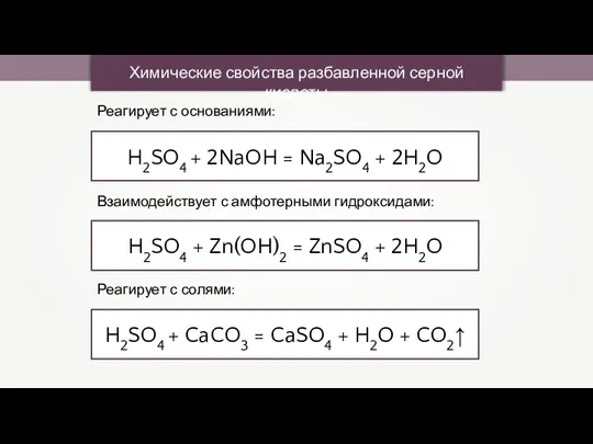 Химические свойства разбавленной серной кислоты H2SO4 + 2NaOH = Na2SO4 + 2H2O