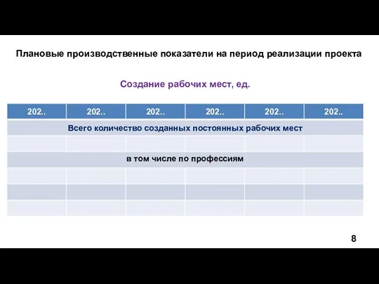 Плановые производственные показатели на период реализации проекта Создание рабочих мест, ед. в том числе: