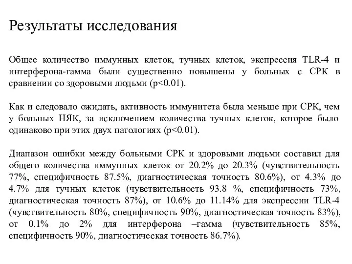 Результаты исследования Общее количество иммунных клеток, тучных клеток, экспрессия TLR-4 и интерферона-гамма