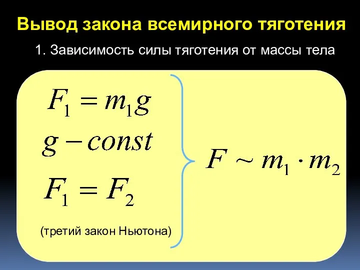 Вывод закона всемирного тяготения (третий закон Ньютона) 1. Зависимость силы тяготения от массы тела