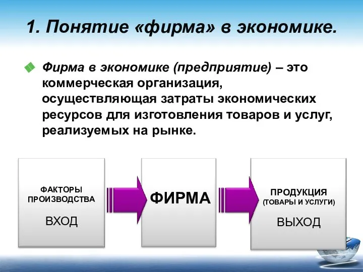 1. Понятие «фирма» в экономике. Фирма в экономике (предприятие) – это коммерческая