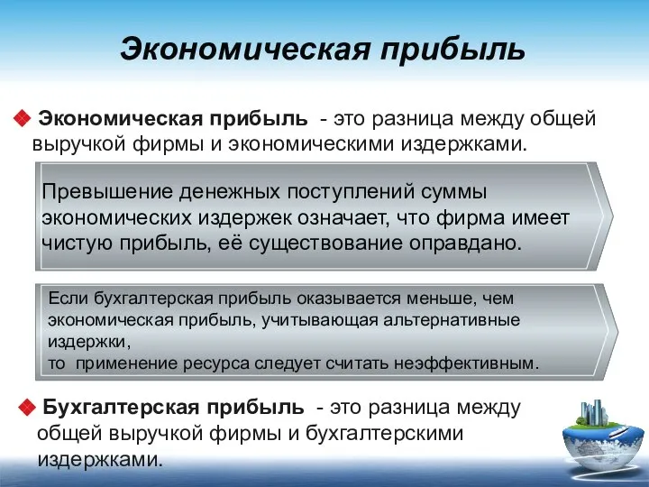 Экономическая прибыль Экономическая прибыль - это разница между общей выручкой фирмы и