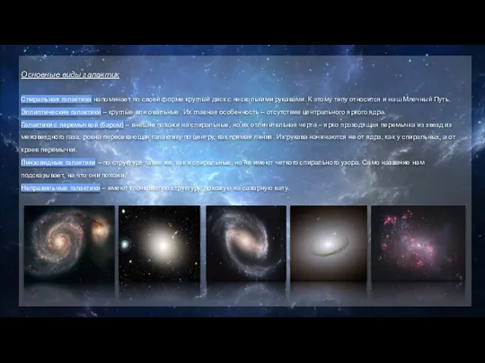 Основные виды галактик Спиральная галактика напоминает по своей форме круглый диск с