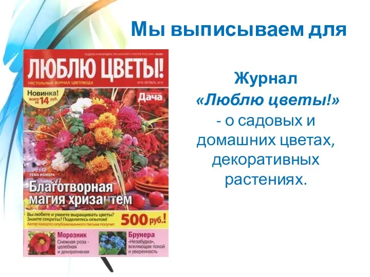 Мы выписываем для вас Журнал «Люблю цветы!» - о садовых и домашних цветах, декоративных растениях.