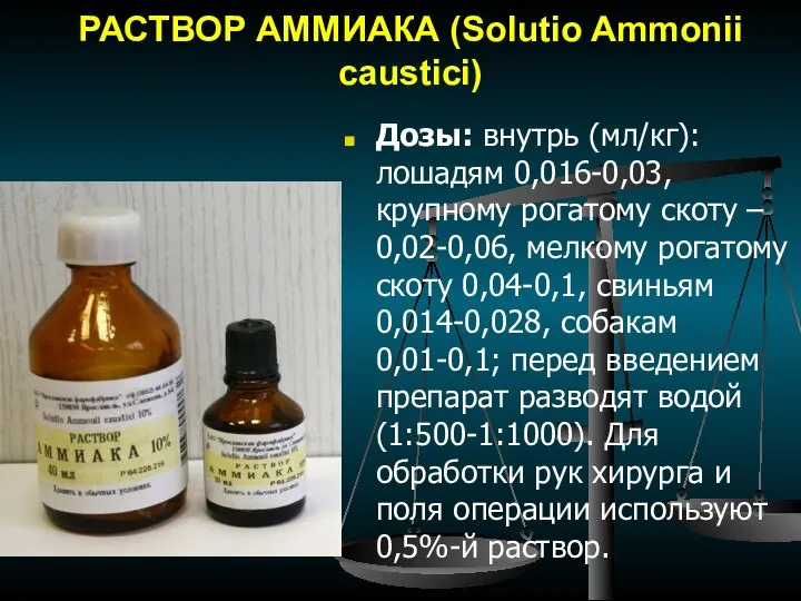 РАСТВОР АММИАКА (Solutio Ammonii caustici) Дозы: внутрь (мл/кг): лошадям 0,016-0,03, крупному рогатому