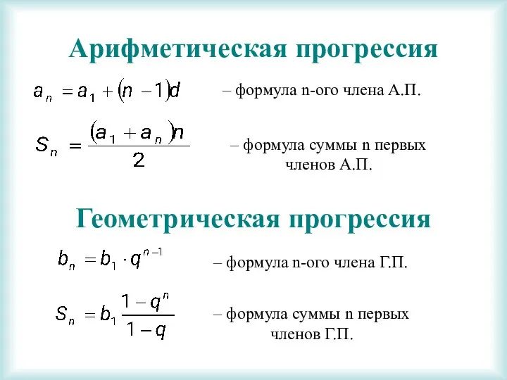 Арифметическая прогрессия – формула n-ого члена А.П. – формула суммы n первых