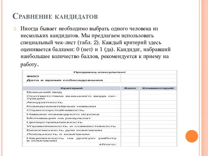 Сравнение кандидатов Иногда бывает необходимо выбрать одного человека из нескольких кандидатов. Мы