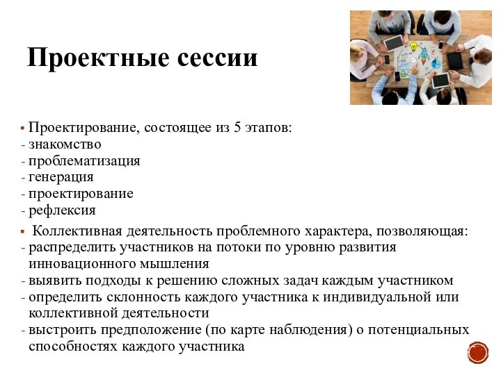 Проектные сессии Проектирование, состоящее из 5 этапов: знакомство проблематизация генерация проектирование рефлексия