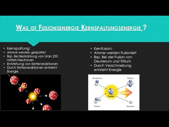 Was ist Fusionsenergie Kernspaltungsenergie ? Kernspaltung: Atome werden gespaltet Bsp. Bei Bestrahlung