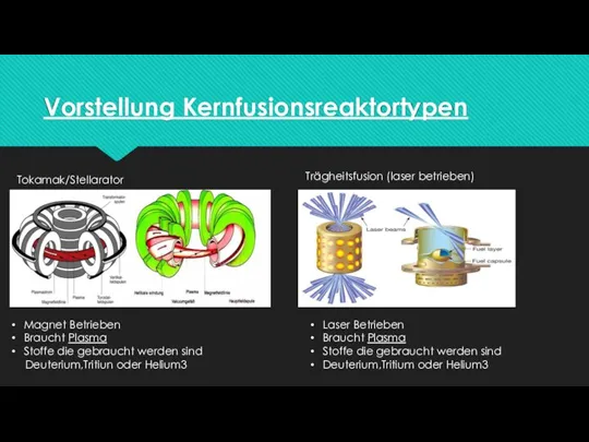 Vorstellung Kernfusionsreaktortypen Tokamak/Stellarator Trägheitsfusion (laser betrieben) Magnet Betrieben Braucht Plasma Stoffe die