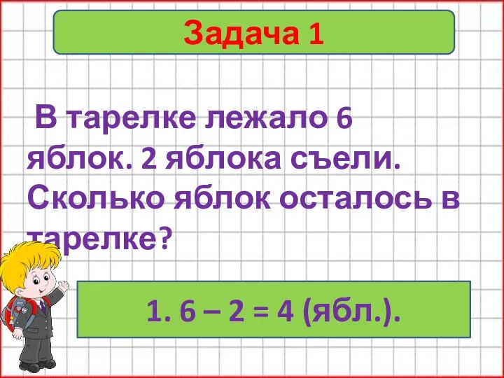 Задача 1 В тарелке лежало 6 яблок. 2 яблока съели. Сколько яблок