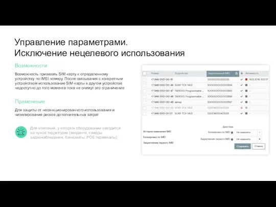 Управление параметрами. Исключение нецелевого использования Возможности Возможность привязать SIM-карту к определенному устройству