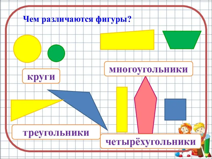 Чем различаются фигуры? круги многоугольники четырёхугольники треугольники