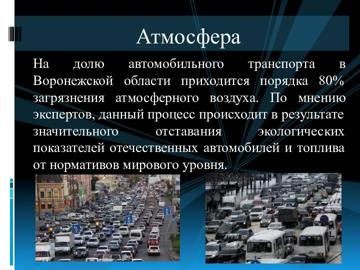 На долю автомобильного транспорта в Воронежской области приходится порядка 80% загрязнения атмосферного