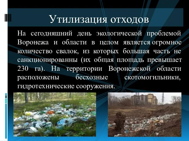 На сегодняшний день экологической проблемой Воронежа и области в целом является огромное