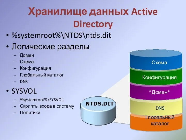 Хранилище данных Active Directory %systemroot%\NTDS\ntds.dit Логические разделы Домен Схема Конфигурация Глобальный каталог