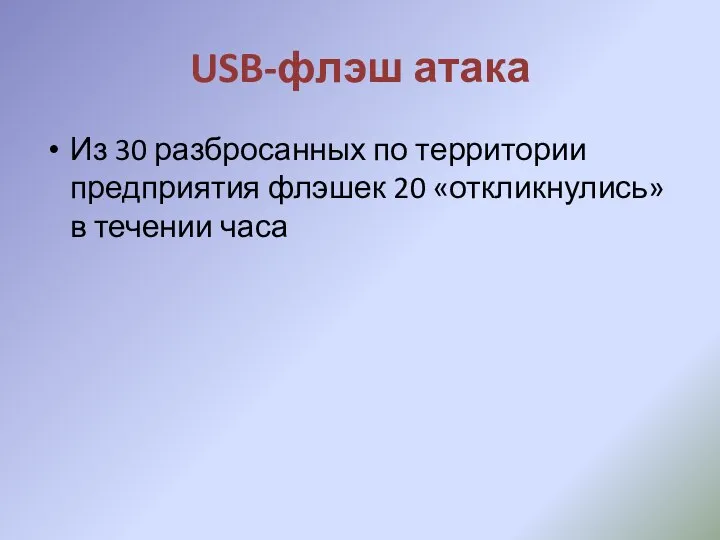 USB-флэш атака Из 30 разбросанных по территории предприятия флэшек 20 «откликнулись» в течении часа