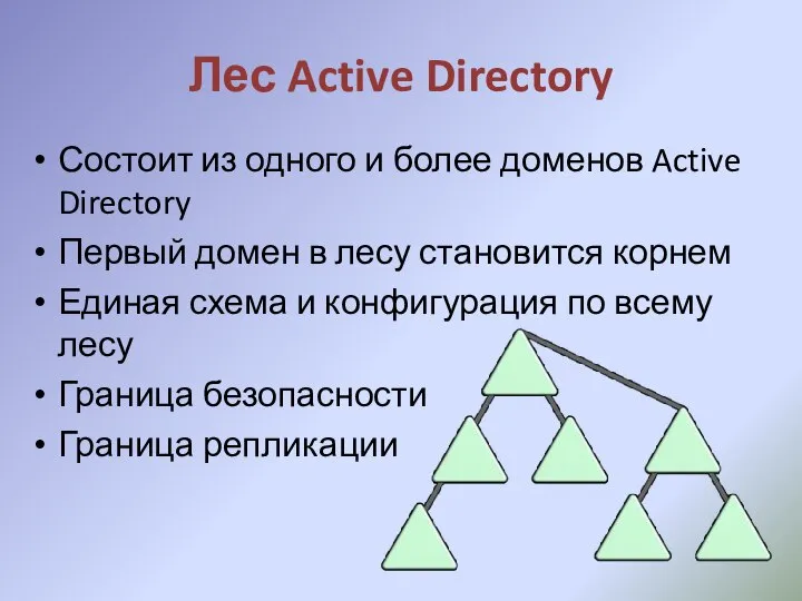 Лес Active Directory Состоит из одного и более доменов Active Directory Первый