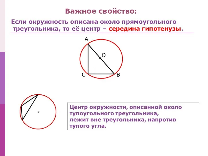 Важное свойство: Если окружность описана около прямоугольного треугольника, то её центр – середина гипотенузы.