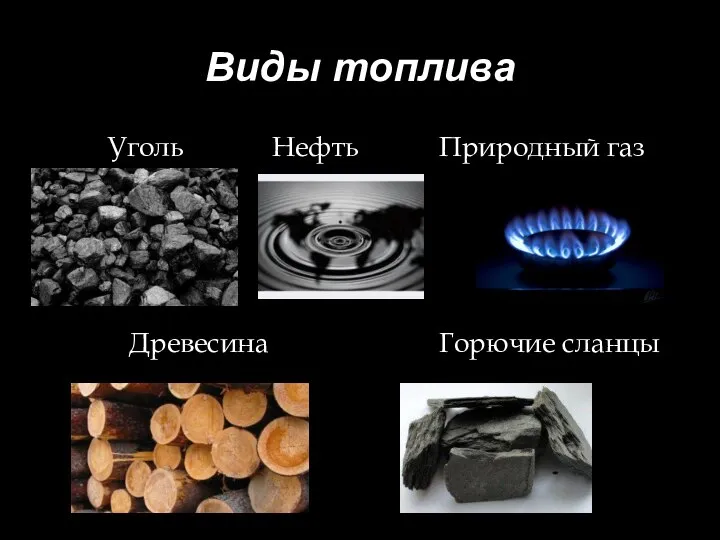 Уголь Нефть Природный газ Древесина Горючие сланцы Виды топлива