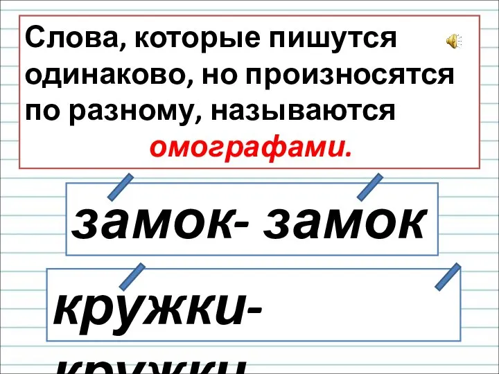 Слова, которые пишутся одинаково, но произносятся по разному, называются омографами. замок- замок кружки- кружки