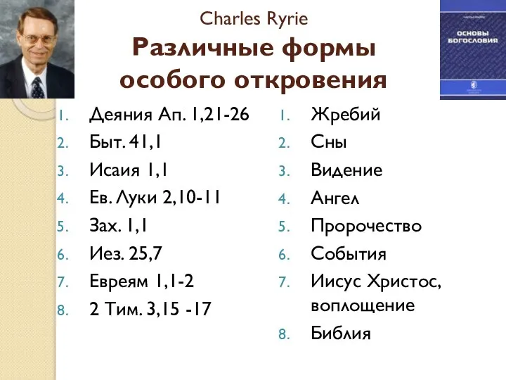 Charles Ryrie Различные формы особого откровения Деяния Ап. 1,21-26 Быт. 41,1 Исаия