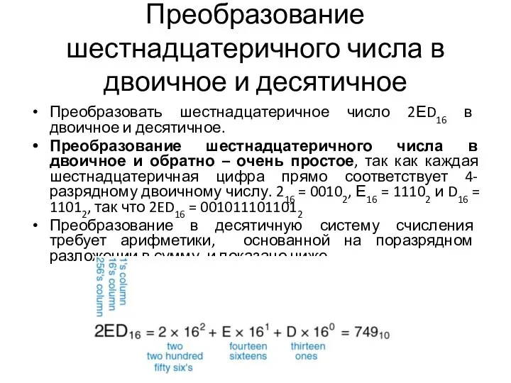 Преобразование шестнадцатеричного числа в двоичное и десятичное Преобразовать шестнадцатеричное число 2ЕD16 в