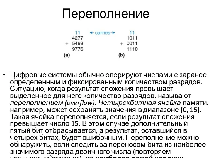 Переполнение Цифровые системы обычно оперируют числами с заранее определенным и фиксированным количеством