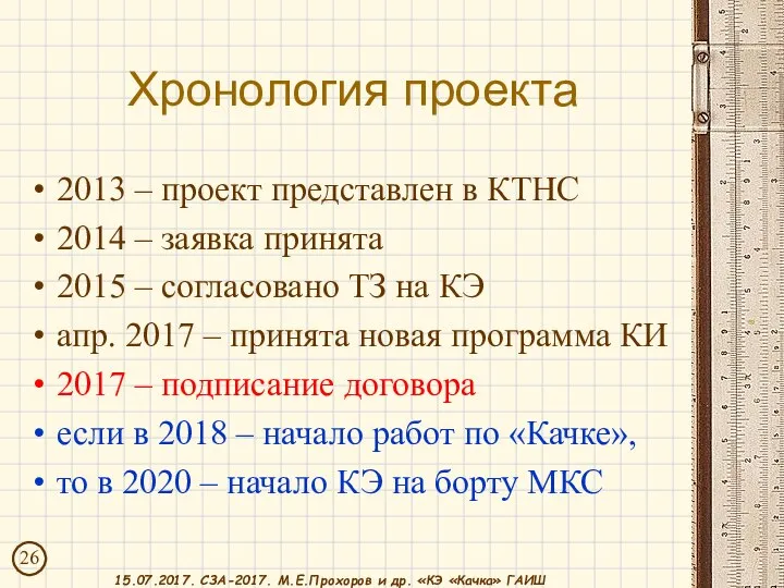 Хронология проекта 2013 – проект представлен в КТНС 2014 – заявка принята