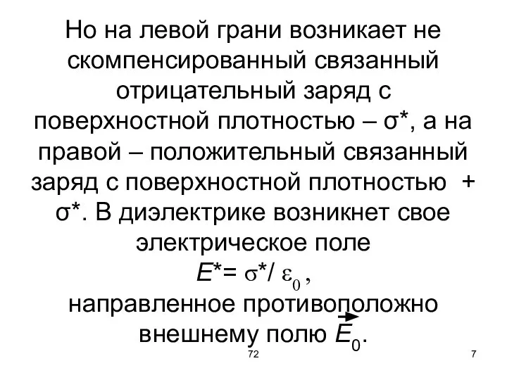 72 Но на левой грани возникает не скомпенсированный связанный отрицательный заряд с