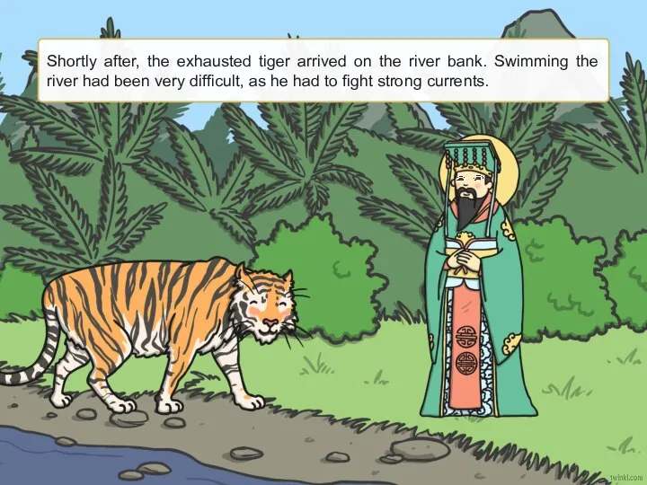 Shortly after, the exhausted tiger arrived on the river bank. Swimming the