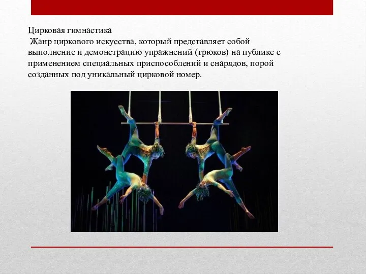 Цирковая гимнастика Жанр циркового искусства, который представляет собой выполнение и демонстрацию упражнений