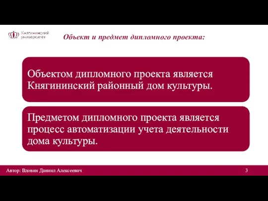 Объект и предмет дипломного проекта: Автор: Вдовин Даниил Алексеевич