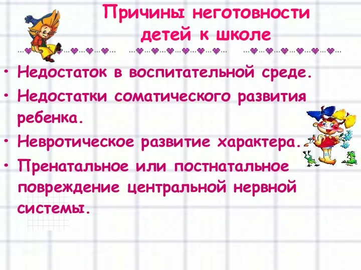 Причины неготовности детей к школе Недостаток в воспитательной среде. Недостатки соматического развития