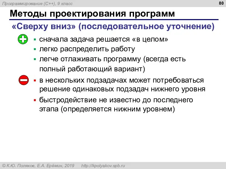 Методы проектирования программ «Сверху вниз» (последовательное уточнение) сначала задача решается «в целом»