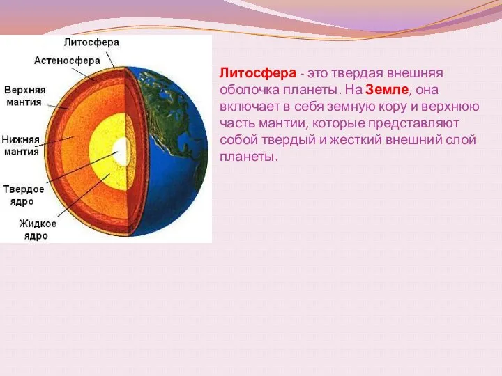 Литосфера - это твердая внешняя оболочка планеты. На Земле, она включает в