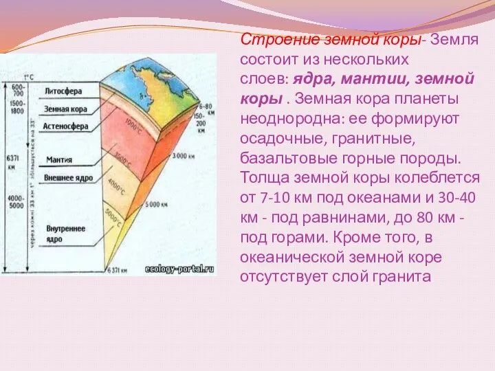 Строение земной коры- Земля состоит из нескольких слоев: ядра, мантии, земной коры