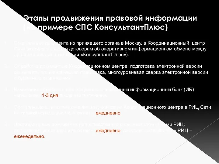 Этапы продвижения правовой информации (на примере СПС КонсультантПлюс) Поступление документа из принявшего