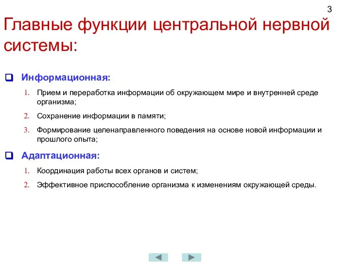 Главные функции центральной нервной системы: Информационная: Прием и переработка информации об окружающем