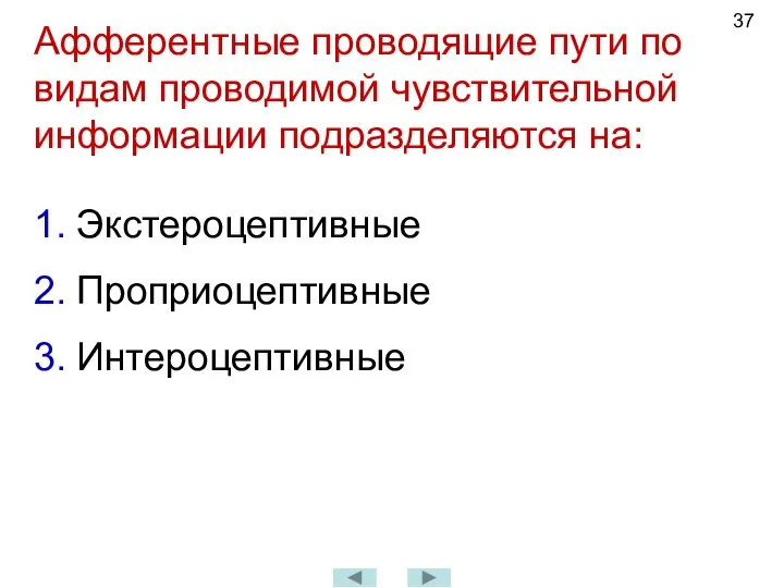 Афферентные проводящие пути по видам проводимой чувствительной информации подразделяются на: Экстероцептивные Проприоцептивные Интероцептивные